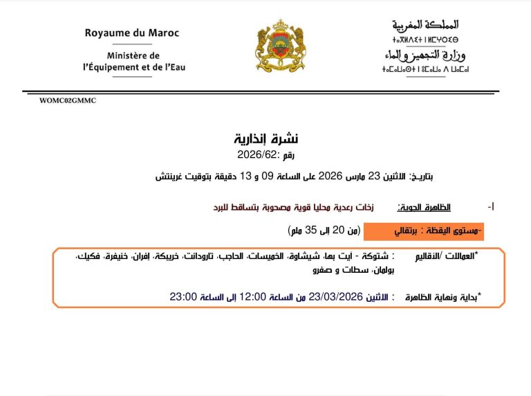 نشرة انذارية من المديرية العامة للأرصاد الجوية