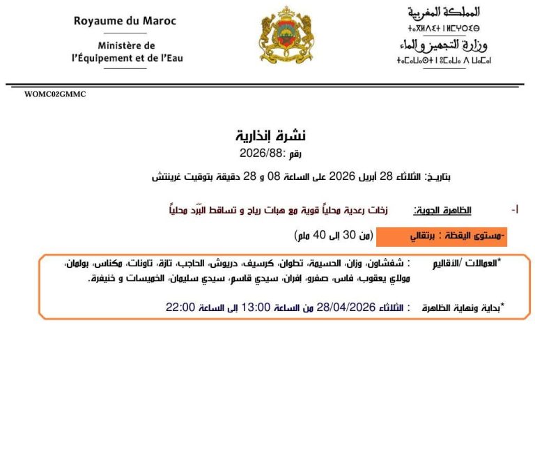 نشرة إنذارية رقم 88/2026 ليوم الثلاثاء 28/04/2026