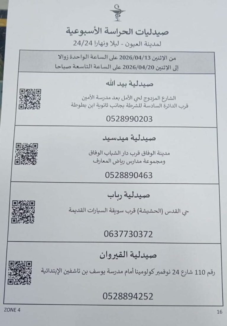 صيدليات الحراسة الأسبوعية بمدينة العيون، ​تغطي الفترة الممتدة من الاثنين 13 أبريل 2026 (الواحدة زوالاً) إلى الاثنين 20 أبريل 2026 (التاسعة صباحاً).