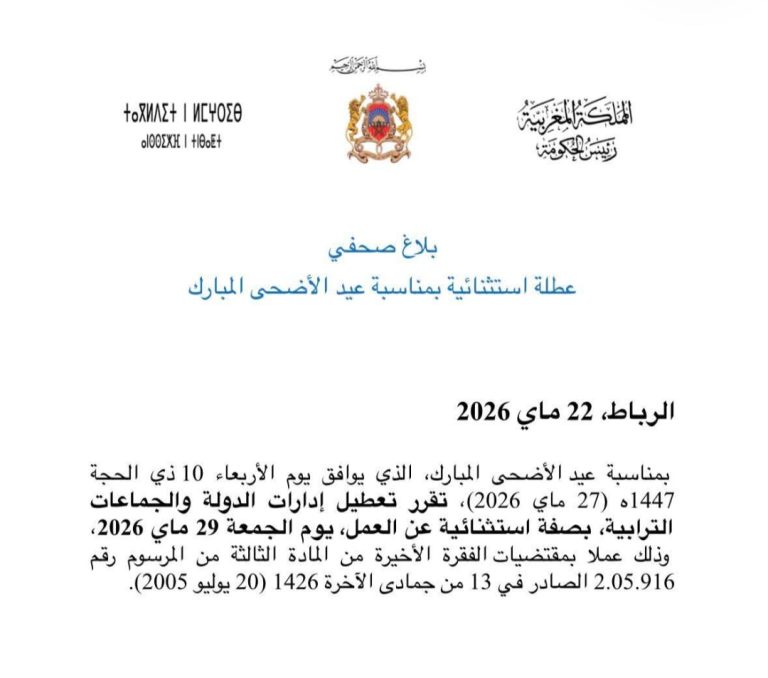 عاجل…بلاغ لرئاسة الحكومة بمناسبة عيد الأضحى المبارك