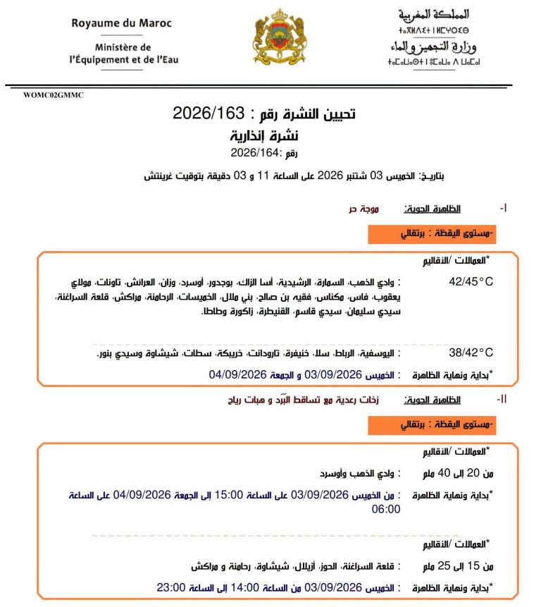نشرة إنذارية محينة رقم 2026/164 ليوم الخميس 03/09/2026